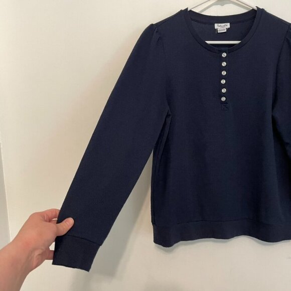 SPLENDID ANTHROPOLOGIE ANTHRO Waffle Mixed Puff Sleeve Top Navy Blue Henley Knit - Picture 7 of 14